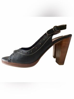 Seychelles Black Leather Studded Slingback Platform Heel